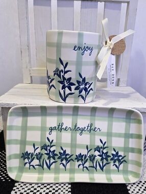 Rae Dunn White Mug & Tray Set with Navy Blue Floral and Sage Plaid